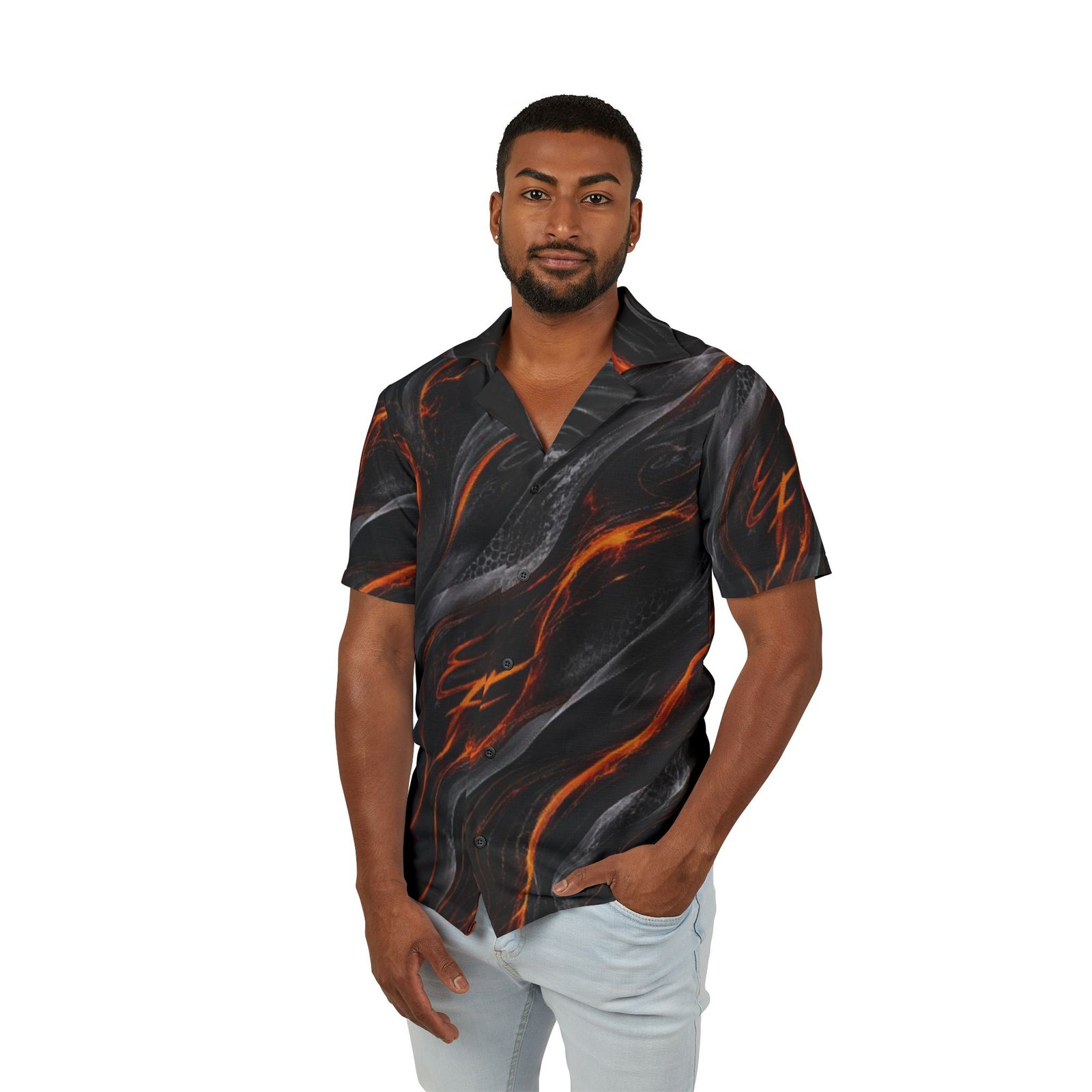 echoflame lava flow hawaiian camp shirt — black & ember all over print echoflame lava flow hawaiian camp shirt — black & ember all over print