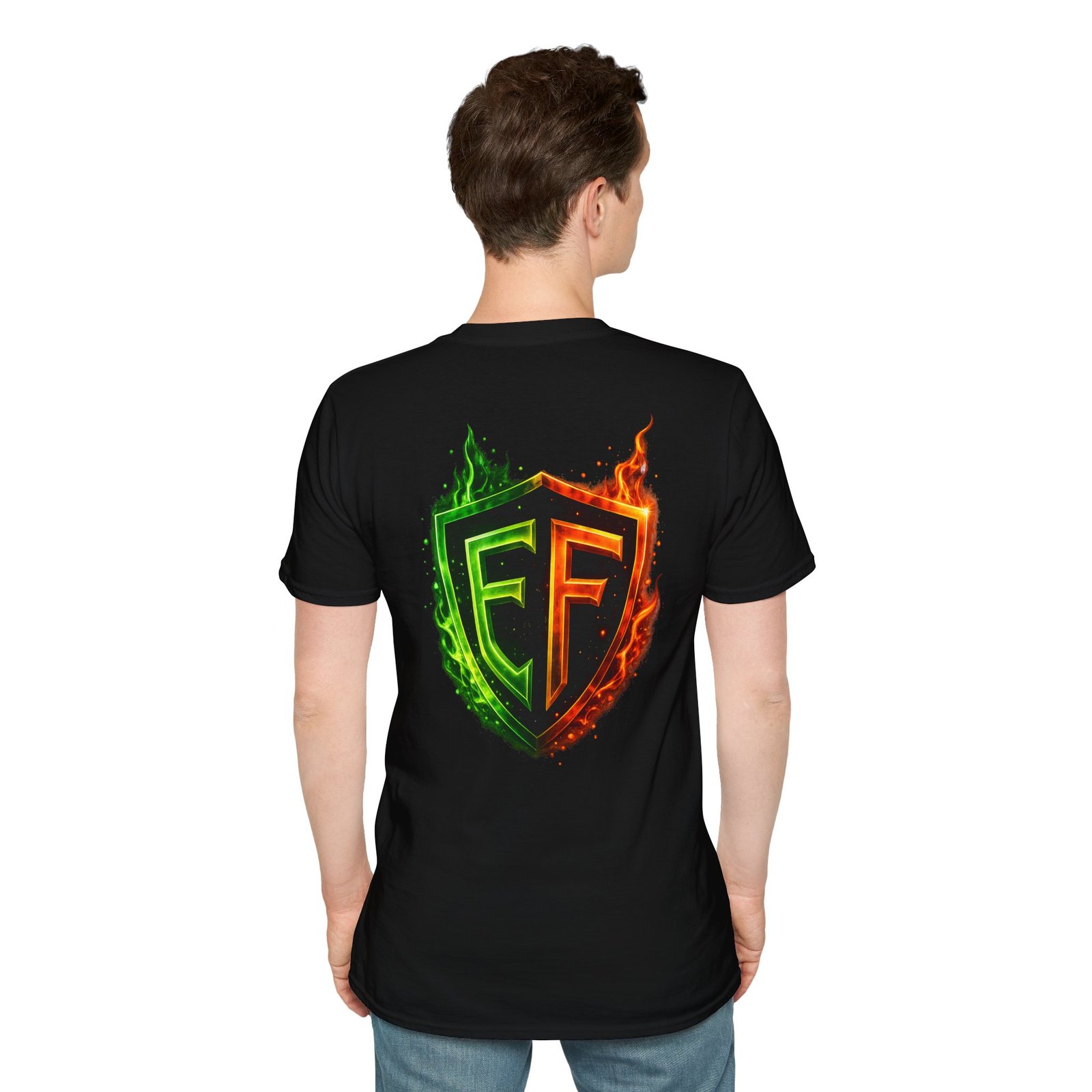 echoflame shield logo t‑shirt — flaming green & orange ef crest echoflame shield logo t‑shirt — flaming green & orange ef crest