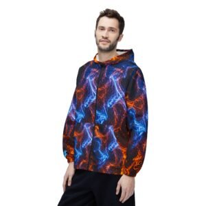 echoflame fire & ice pattern windbreaker jacket — all over print hooded shell