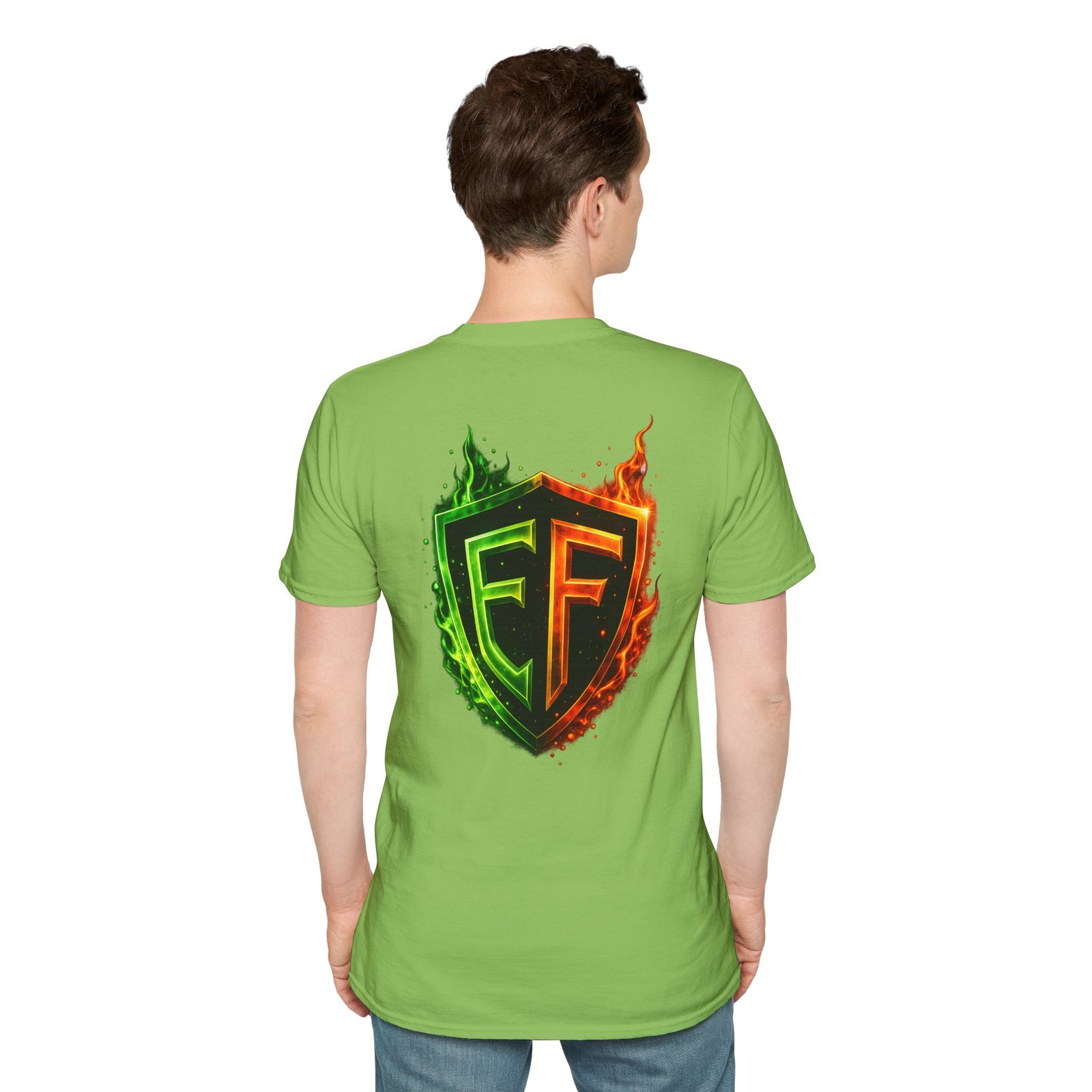 echoflame shield logo t‑shirt — flaming green & orange ef crest echoflame shield logo t‑shirt — flaming green & orange ef crest