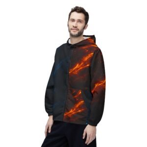 echoflame cosmic flame windbreaker jacket – blue & orange nebula all over print