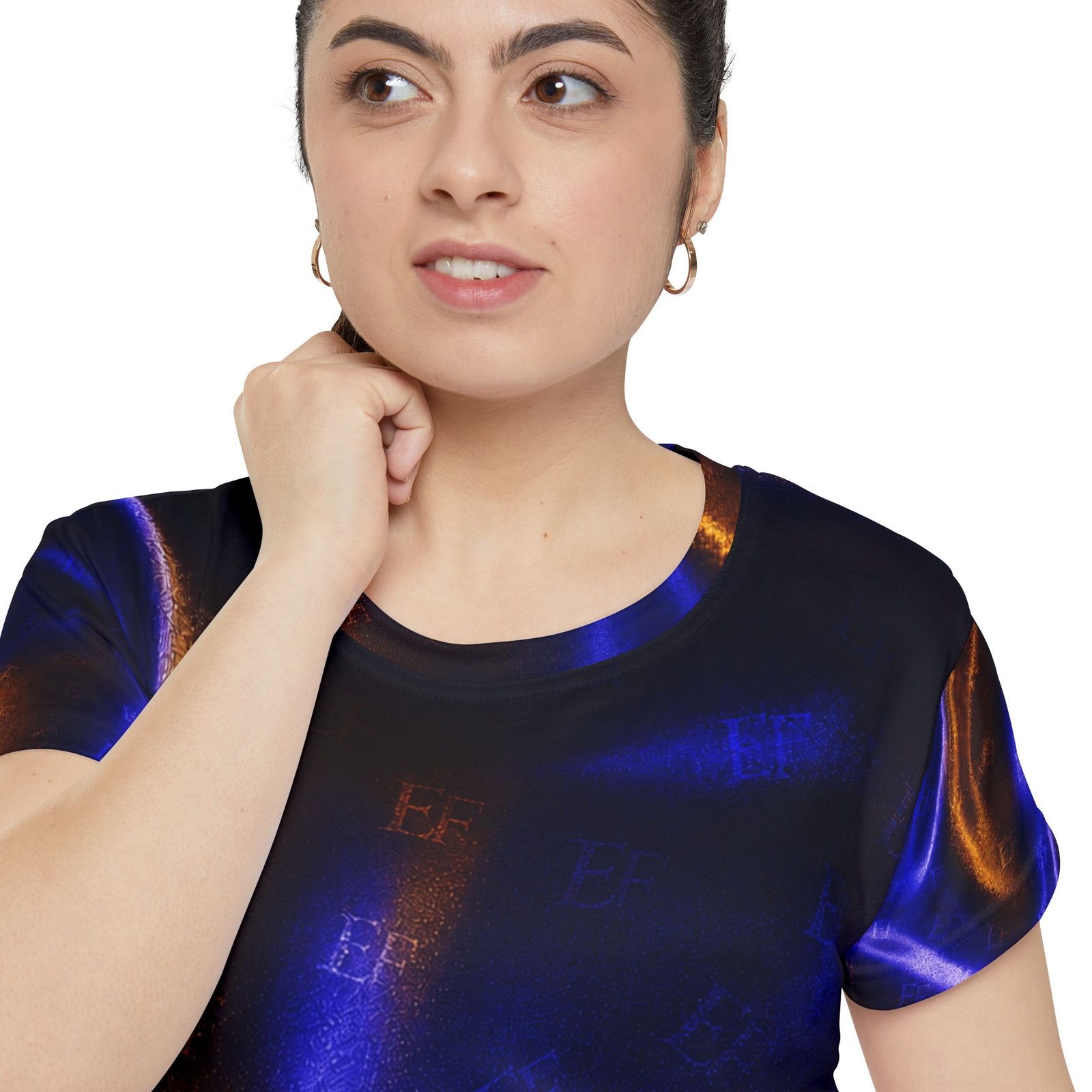 echoflame women's abstract satin glow tee — blue & copper all over print echoflame women's abstract satin glow tee — blue & copper all over print