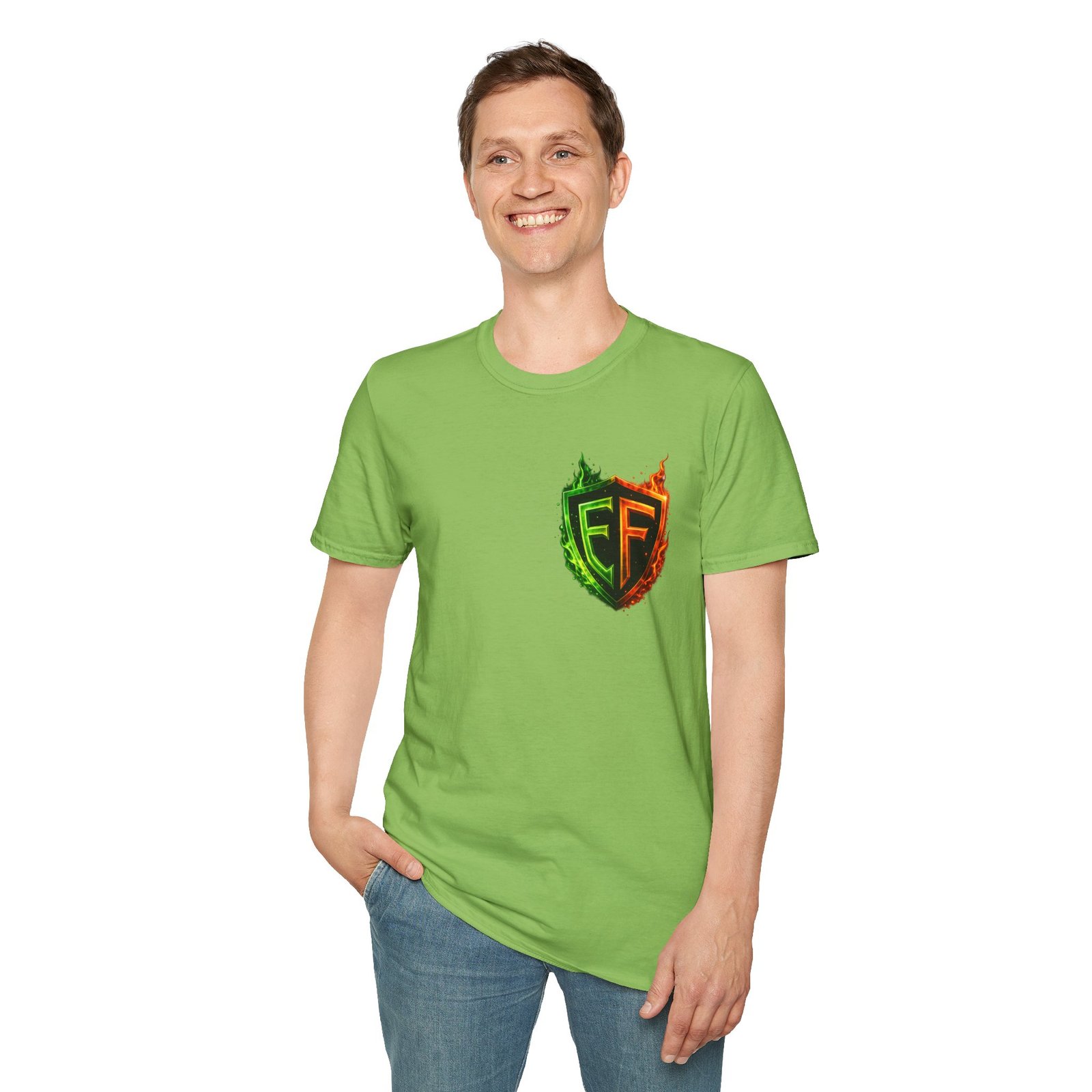 echoflame shield logo t‑shirt — flaming green & orange ef crest echoflame shield logo t‑shirt — flaming green & orange ef crest