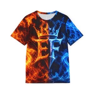 echoflame flame crown sports jersey — blue & orange fire full‑print tee