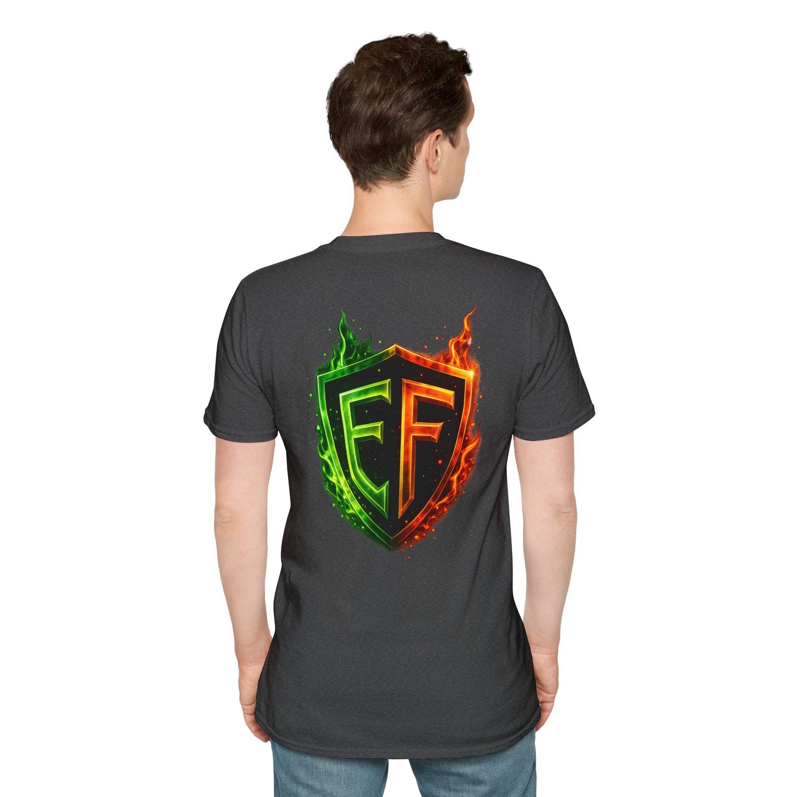 echoflame shield logo t‑shirt — flaming green & orange ef crest echoflame shield logo t‑shirt — flaming green & orange ef crest