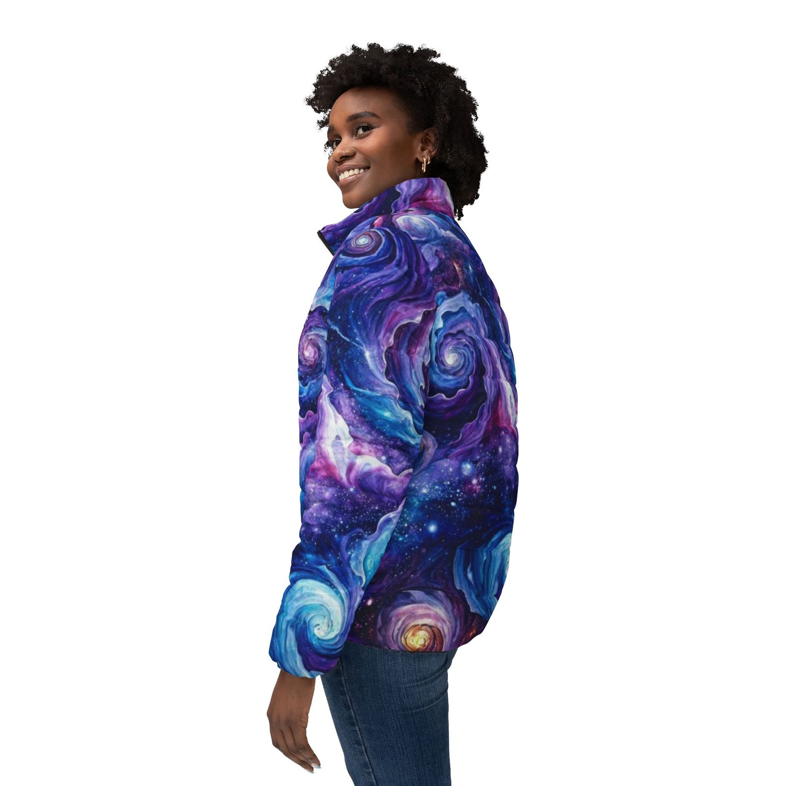 echoflame galaxy swirl puffer jacket — women's cosmic space print outerwear echoflame galaxy swirl puffer jacket — women's cosmic space print outerwear