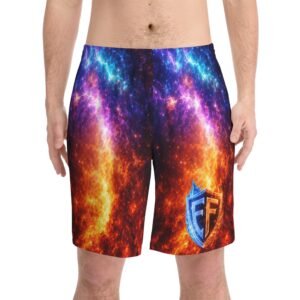 echoflame galaxy flame swim shorts — vibrant nebula beach trunks with ef crest