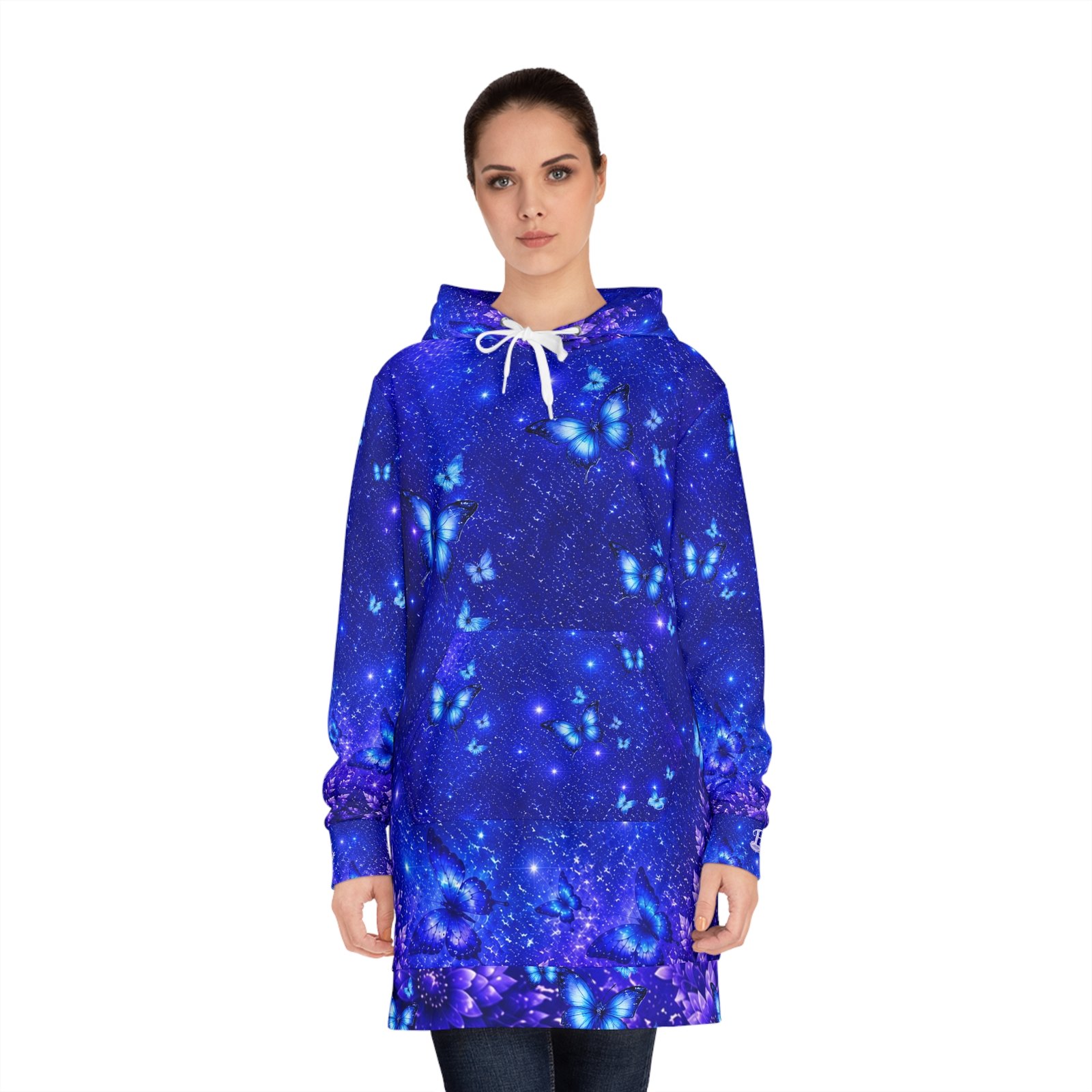 echoflame blue butterfly galaxy hoodie dress — women's all over print cozy dress echoflame blue butterfly galaxy hoodie dress — women's all over print cozy dress