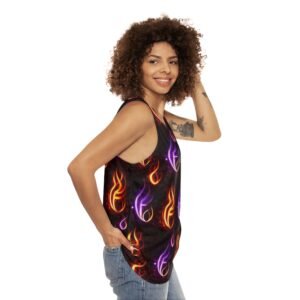 echoflame flaming neon pattern tank top — all over print fiery flame design