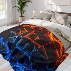 echoflame fire & ice crest fleece blanket – blue and orange flame graphic throw
