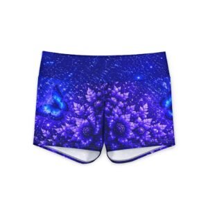 echoflame women's blue galaxy floral yoga shorts — butterfly night aop