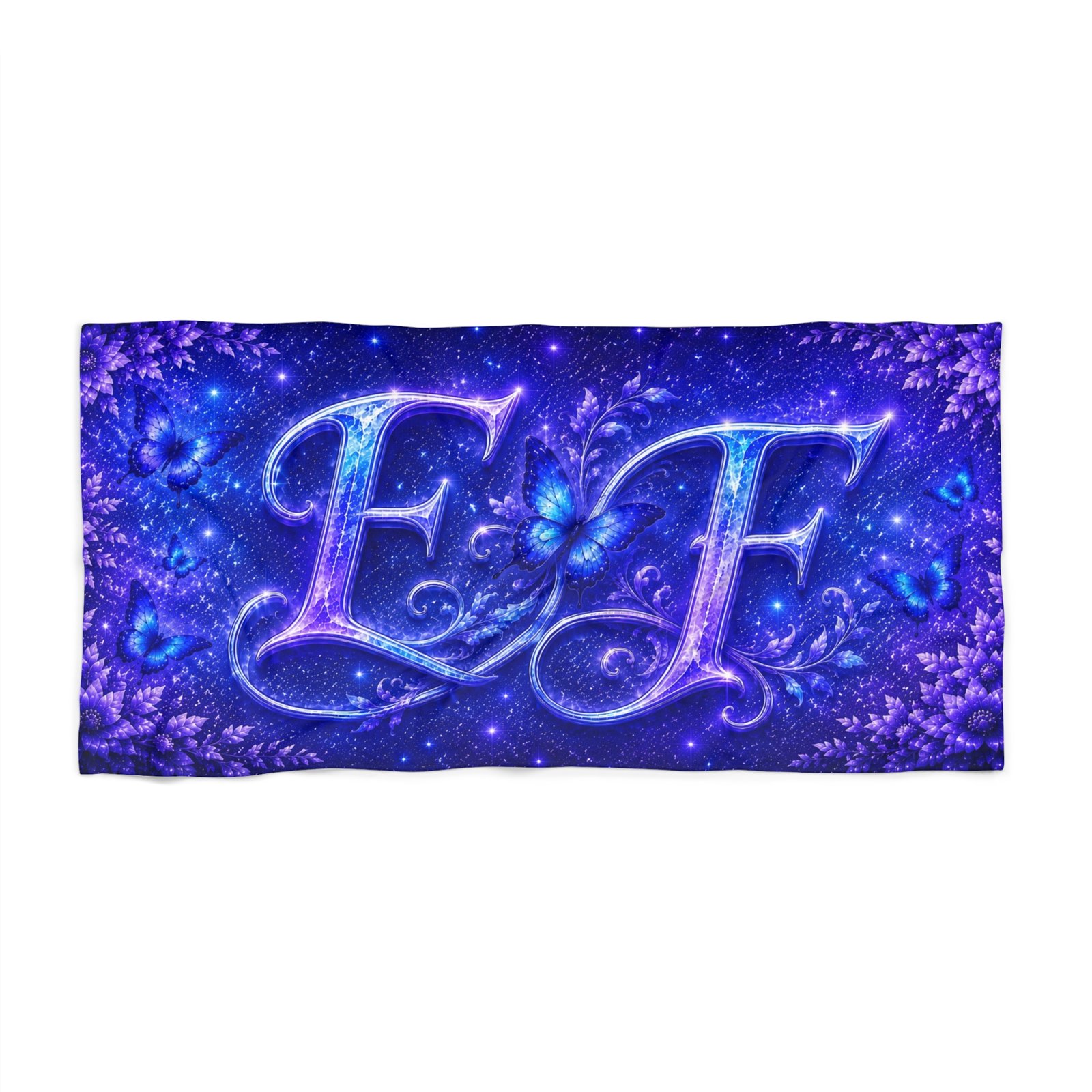 echoflame beach towel monogrammed 'e f' glitter floral design (purple galaxy) echoflame beach towel monogrammed 'e f' glitter floral design (purple galaxy)