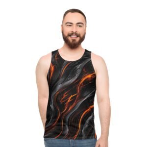 echoflame lava flow tank top — abstract black & orange all over print
