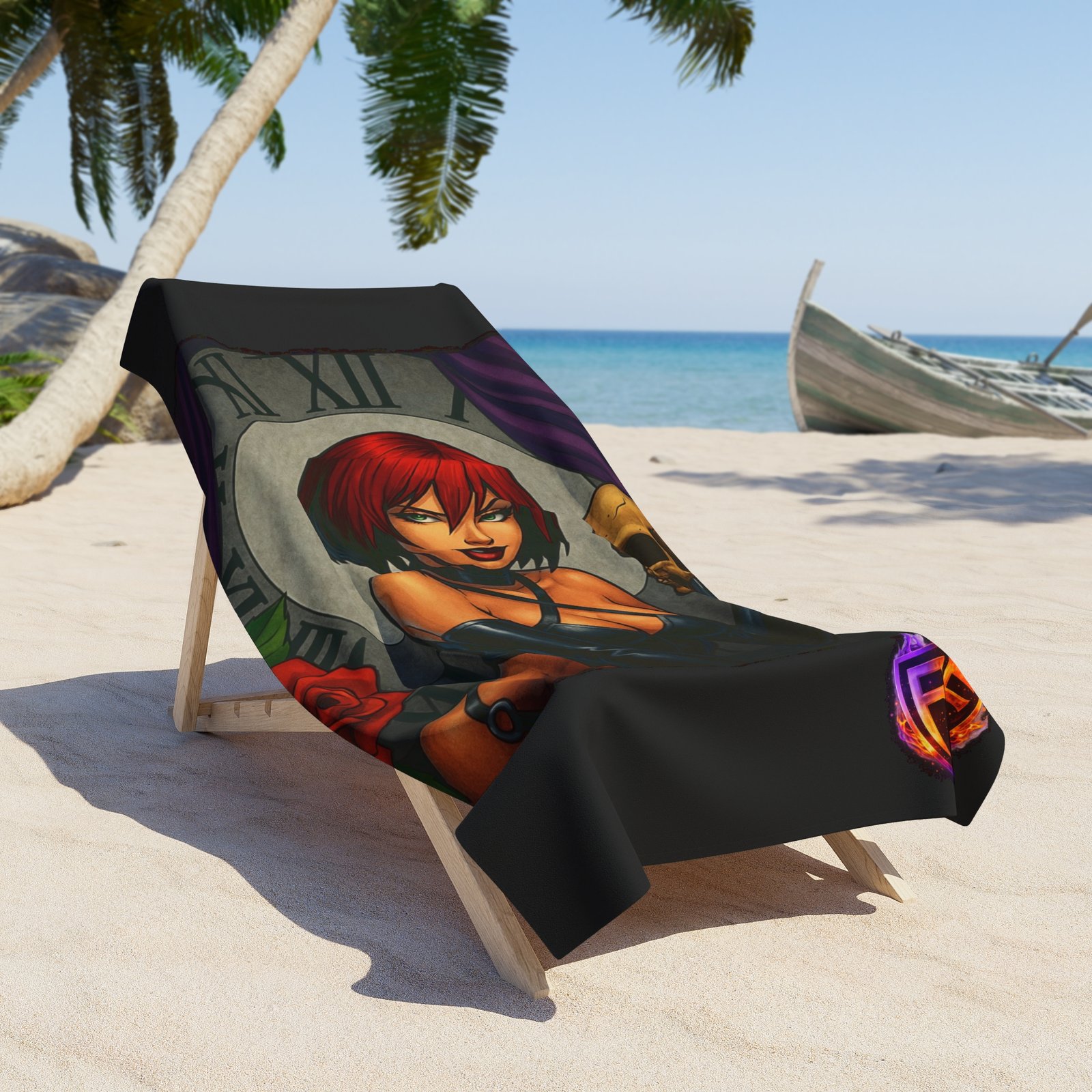 echoflame gothic pinup beach towel – red haired vampire girl with skull & clock design echoflame gothic pinup beach towel – red haired vampire girl with skull & clock design