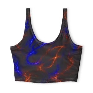echoflame nebula flame sports bra — blue & orange abstract athletic crop top