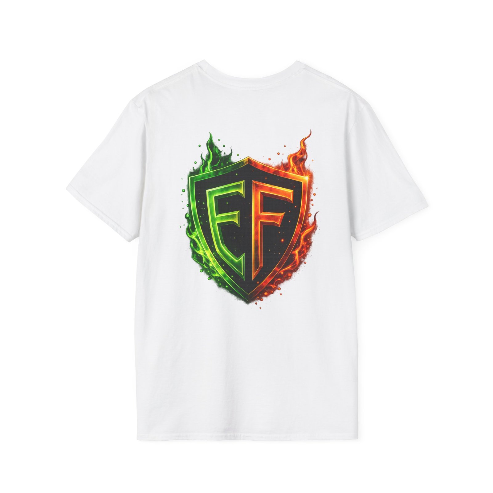 echoflame shield logo t‑shirt — flaming green & orange ef crest echoflame shield logo t‑shirt — flaming green & orange ef crest