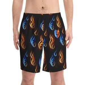 echoflame flame print beach shorts — neon blue & orange fire aop swim trunks