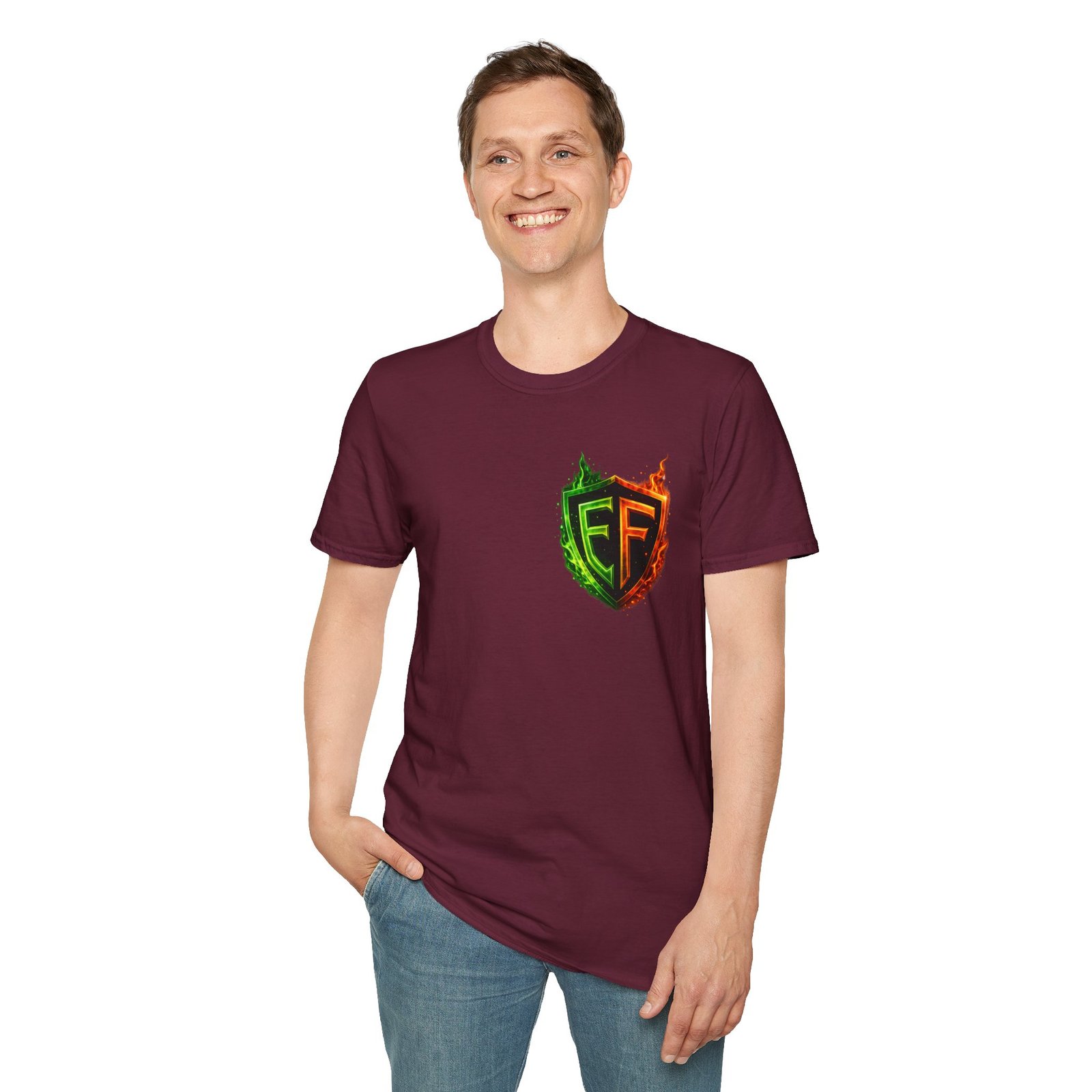 echoflame shield logo t‑shirt — flaming green & orange ef crest echoflame shield logo t‑shirt — flaming green & orange ef crest