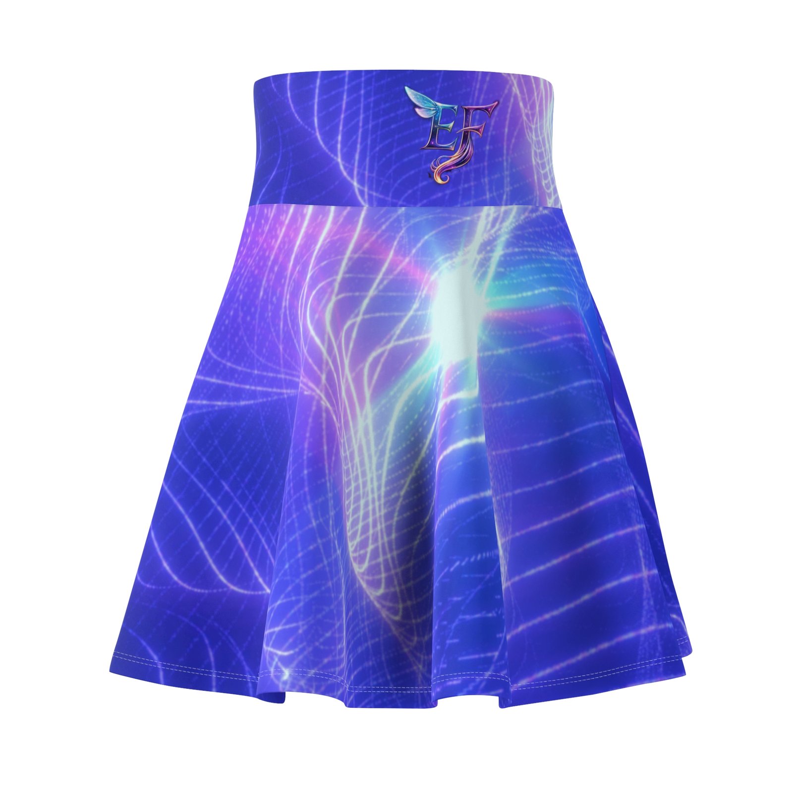 echoflame blue aurora wave skater skirt — psychedelic light patterned aop echoflame blue aurora wave skater skirt — psychedelic light patterned aop