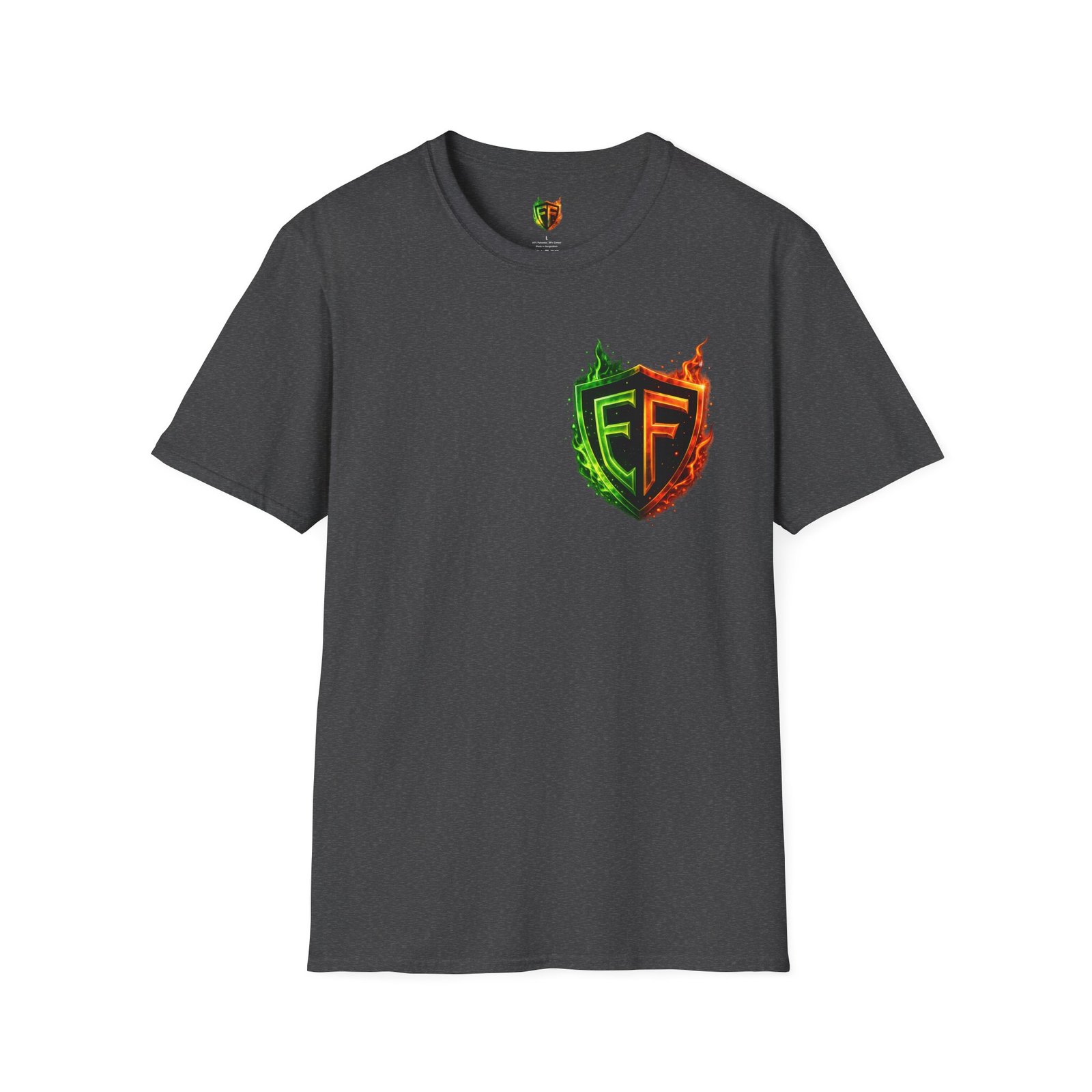 echoflame shield logo t‑shirt — flaming green & orange ef crest echoflame shield logo t‑shirt — flaming green & orange ef crest