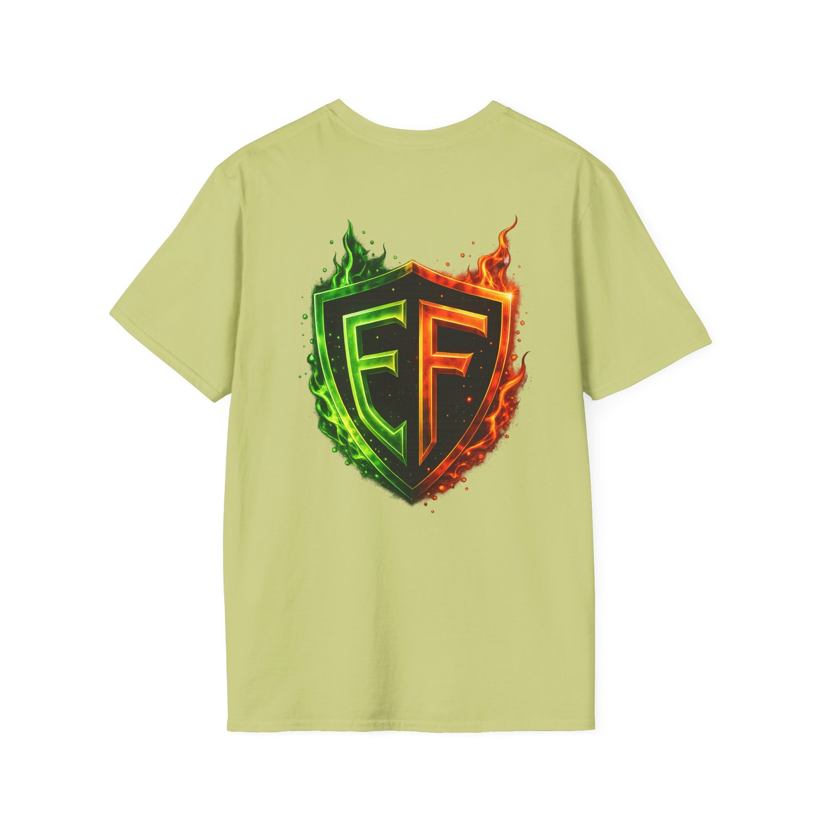 echoflame shield logo t‑shirt — flaming green & orange ef crest echoflame shield logo t‑shirt — flaming green & orange ef crest