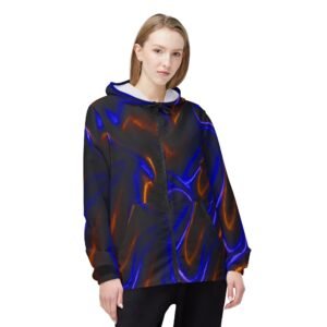 echoflame neon wave windbreaker jacket — blue & orange abstract aop hooded windbreaker