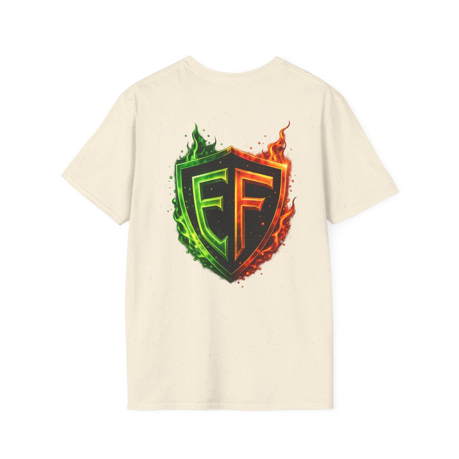 echoflame shield logo t‑shirt — flaming green & orange ef crest echoflame shield logo t‑shirt — flaming green & orange ef crest