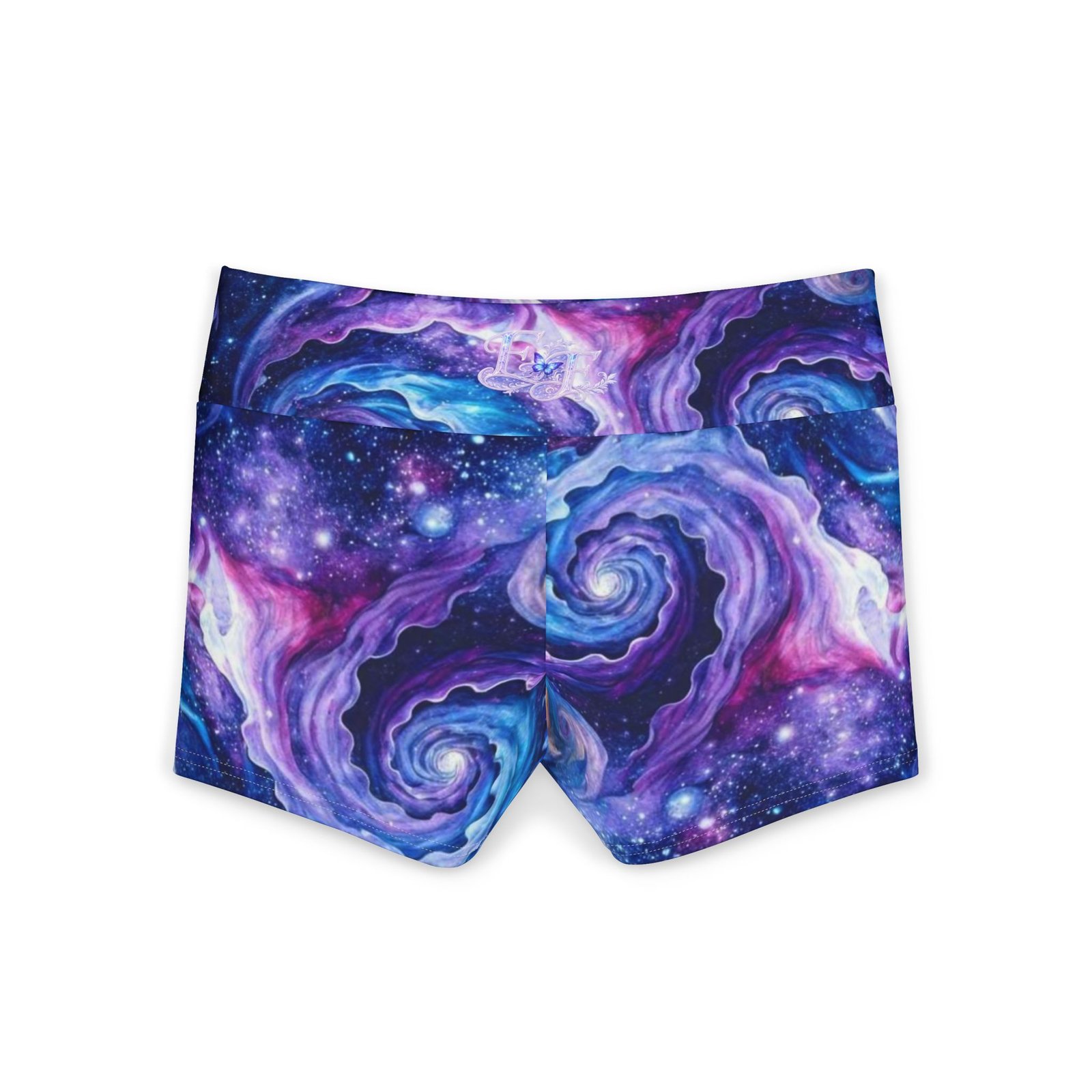 echoflame galaxy swirl yoga shorts — purple space print women's activewear echoflame galaxy swirl yoga shorts — purple space print women's activewear
