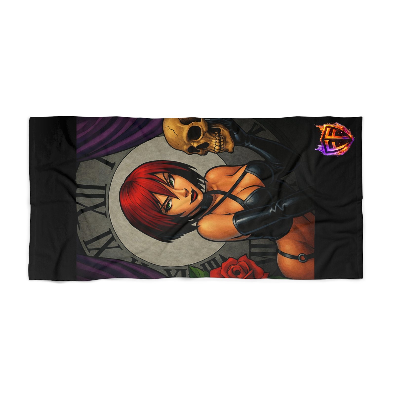 echoflame gothic pinup beach towel – red haired vampire girl with skull & clock design echoflame gothic pinup beach towel – red haired vampire girl with skull & clock design