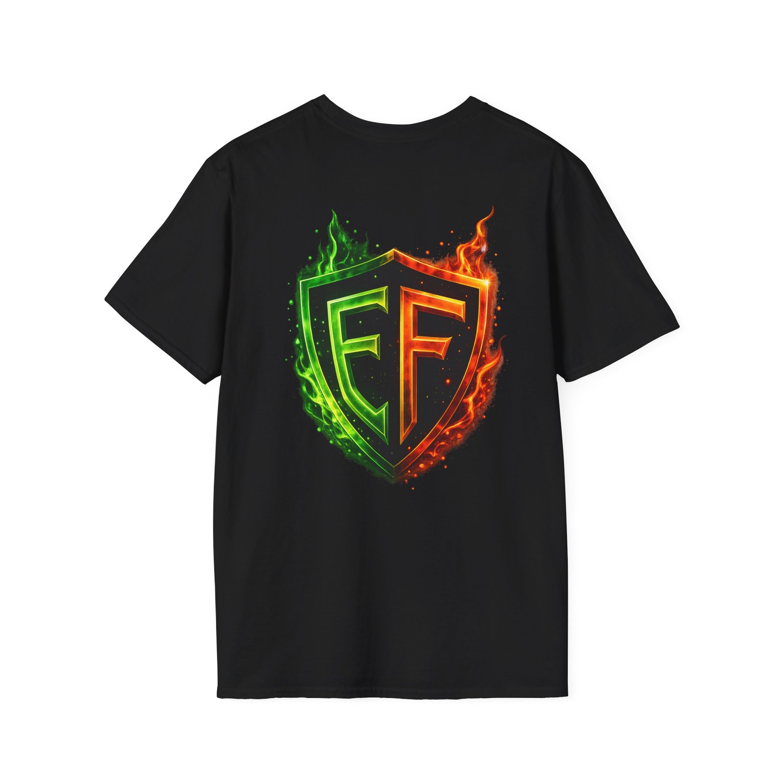 echoflame shield logo t‑shirt — flaming green & orange ef crest echoflame shield logo t‑shirt — flaming green & orange ef crest