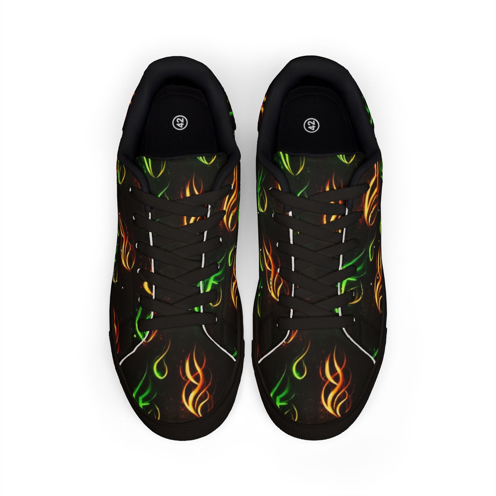 echoflame low top sneakers — neon flame graphic leather shoes for men echoflame low top sneakers — neon flame graphic leather shoes for men