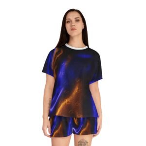 echoflame satin glow women's short pajama set — blue & amber nightwear