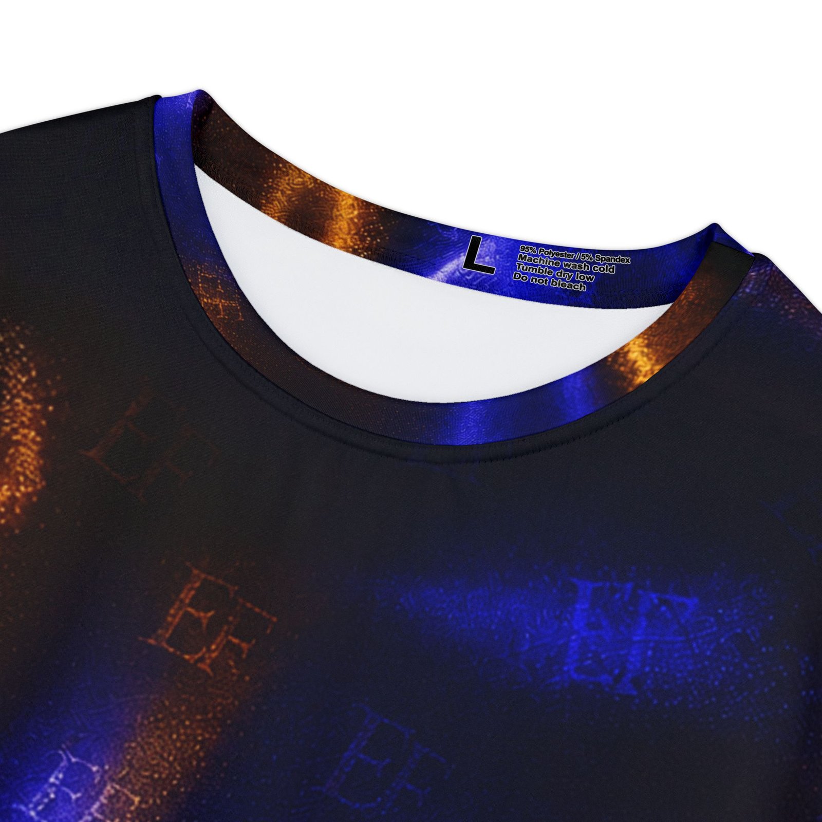 echoflame women's abstract satin glow tee — blue & copper all over print echoflame women's abstract satin glow tee — blue & copper all over print