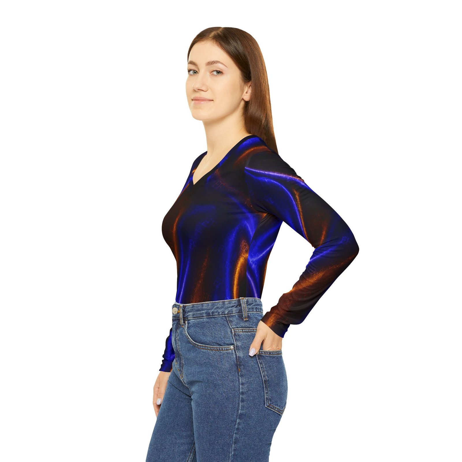 echoflame women's v neck long sleeve shirt — electric blue & copper satin wave all over print echoflame women's v neck long sleeve shirt — electric blue & copper satin wave all over print