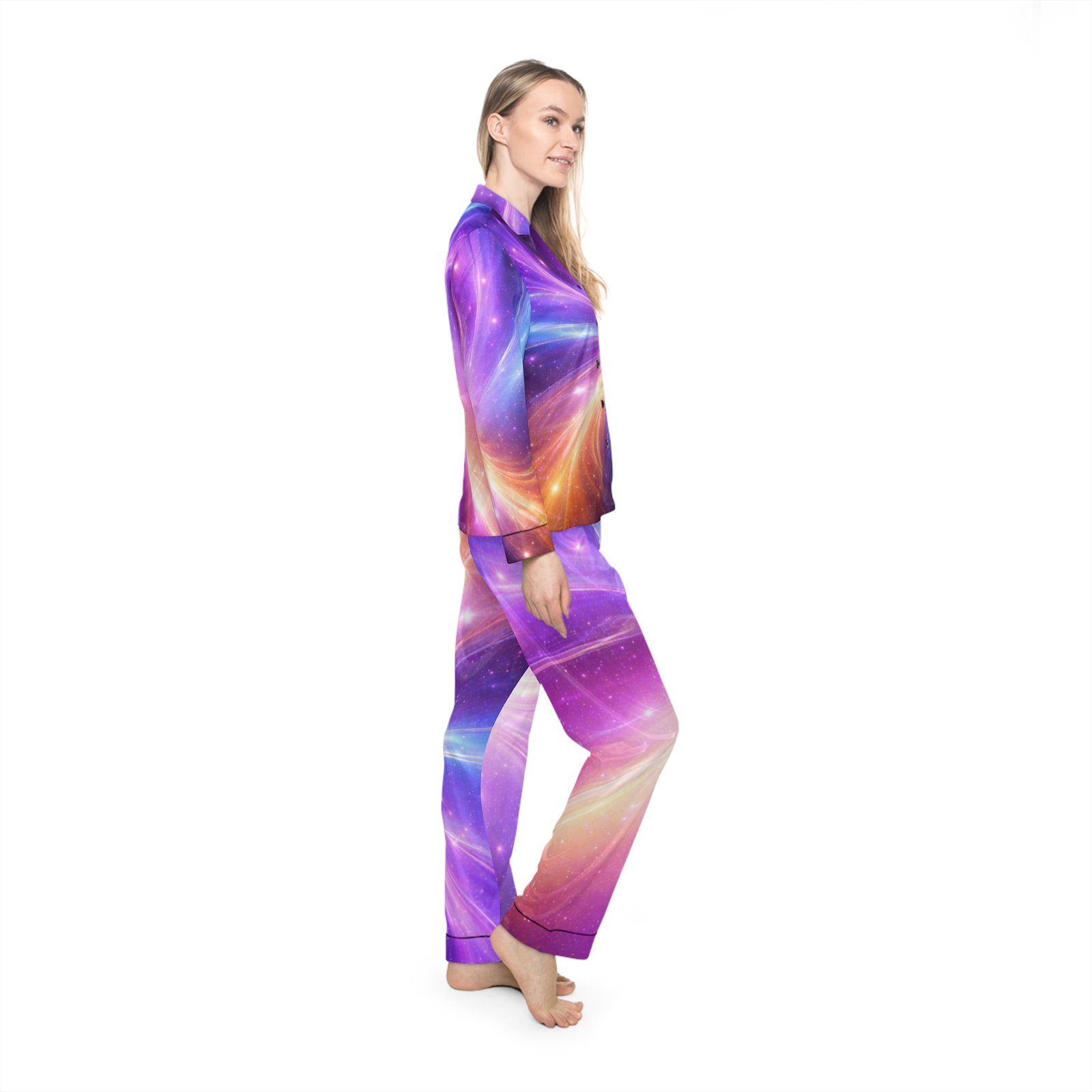 echoflame galaxy satin pajama set — women's cosmic print sleepwear echoflame galaxy satin pajama set — women's cosmic print sleepwear