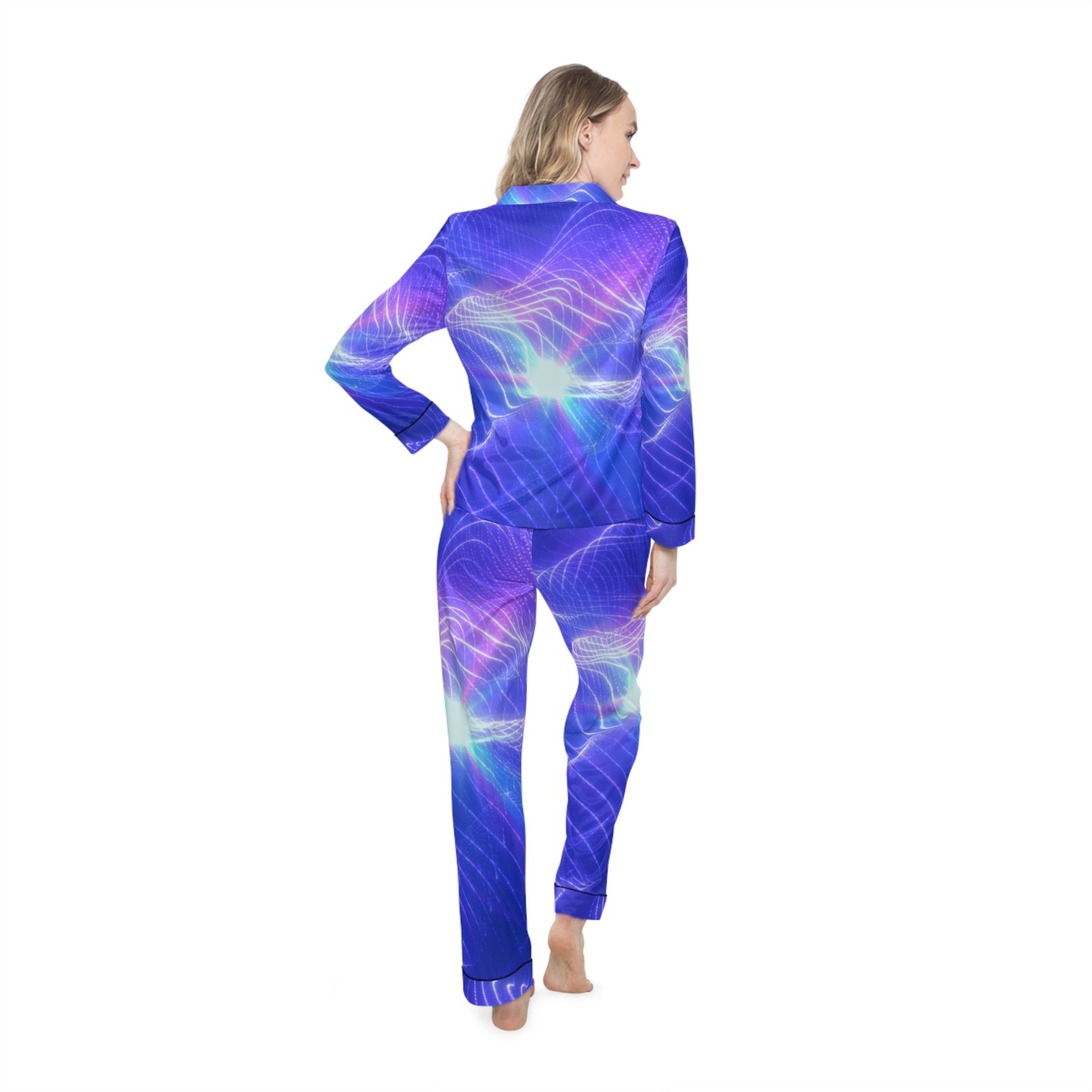 echoflame women's satin pajama set — purple blue galaxy wave print loungewear echoflame women's satin pajama set — purple blue galaxy wave print loungewear