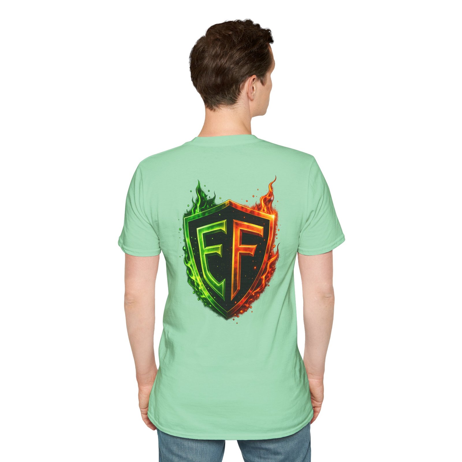 echoflame shield logo t‑shirt — flaming green & orange ef crest echoflame shield logo t‑shirt — flaming green & orange ef crest