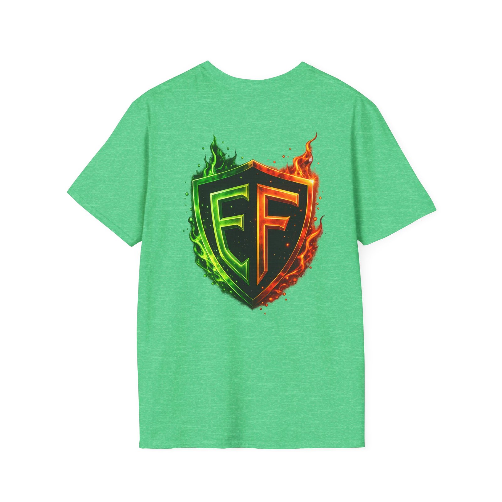 echoflame shield logo t‑shirt — flaming green & orange ef crest echoflame shield logo t‑shirt — flaming green & orange ef crest