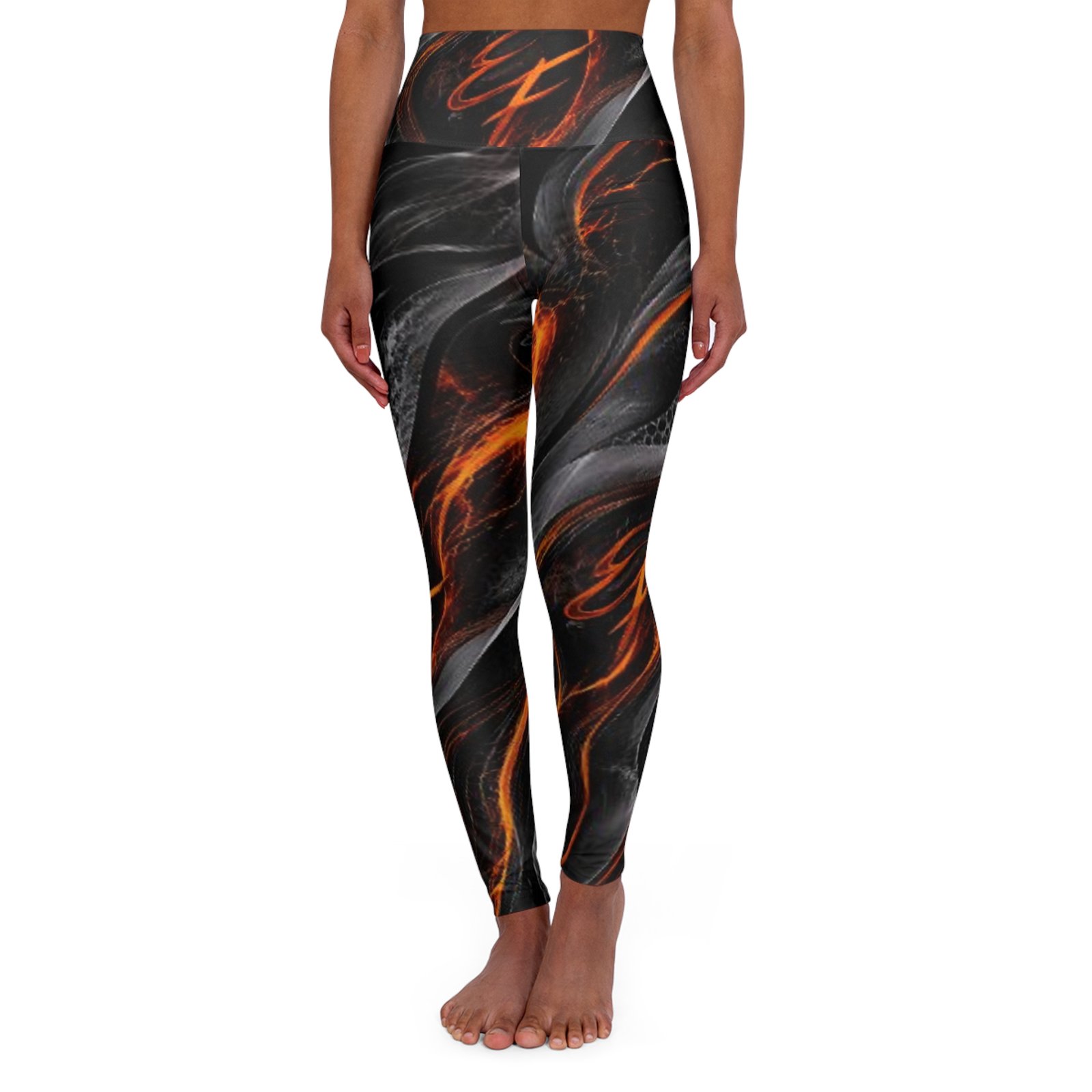 echoflame high waist yoga leggings — black & fiery orange marble aop echoflame high waist yoga leggings — black & fiery orange marble aop