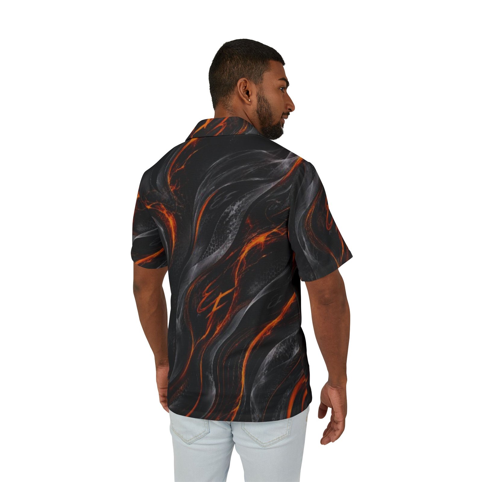 echoflame lava flow hawaiian camp shirt — black & ember all over print echoflame lava flow hawaiian camp shirt — black & ember all over print