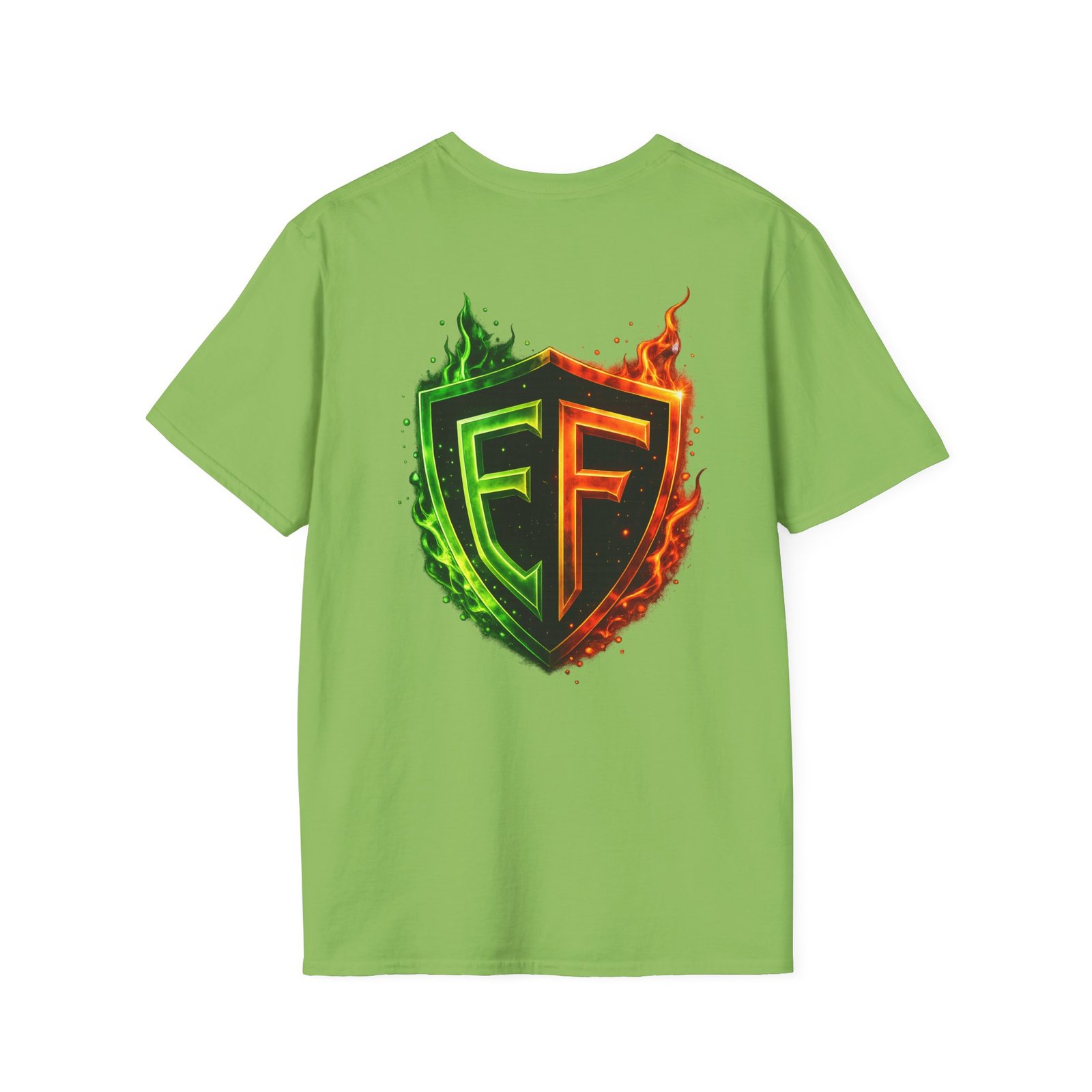 echoflame shield logo t‑shirt — flaming green & orange ef crest echoflame shield logo t‑shirt — flaming green & orange ef crest