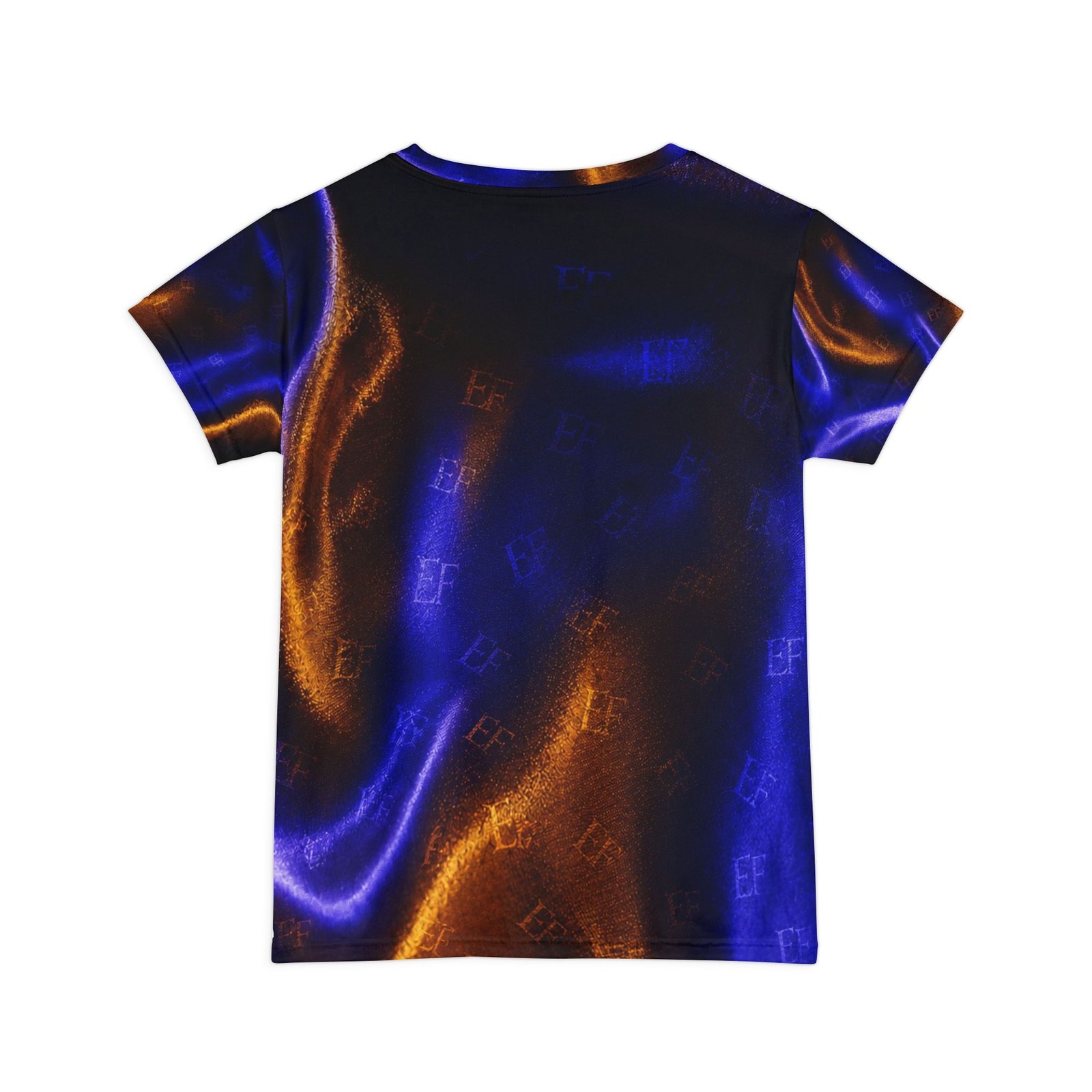 echoflame women's abstract satin glow tee — blue & copper all over print echoflame women's abstract satin glow tee — blue & copper all over print