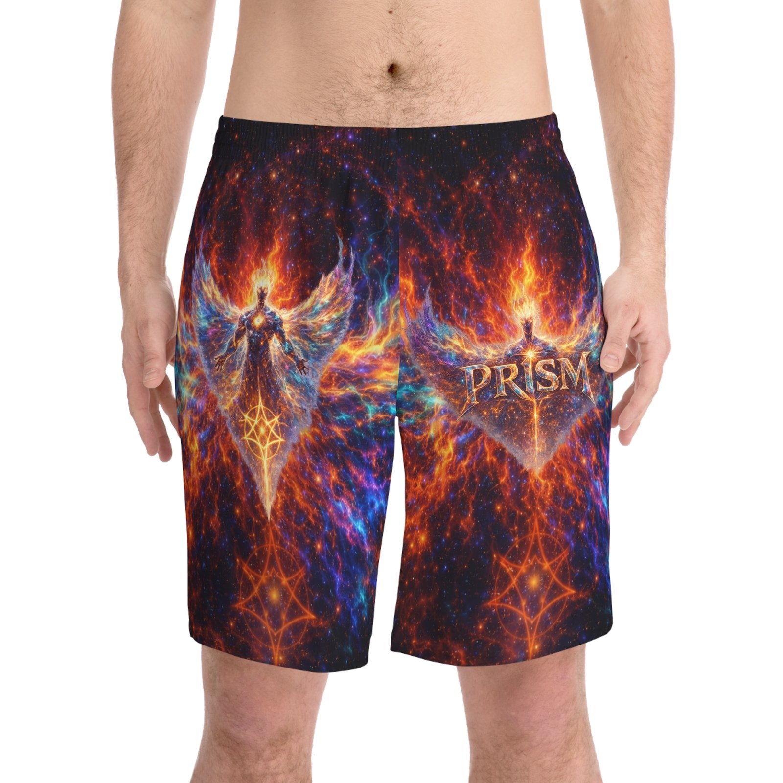 echoflame men's prism phoenix swim shorts — cosmic flame graphic beach trunks echoflame men's prism phoenix swim shorts — cosmic flame graphic beach trunks