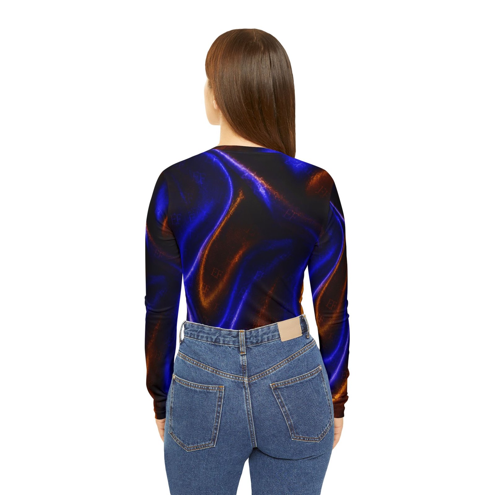 echoflame women's v neck long sleeve shirt — electric blue & copper satin wave all over print echoflame women's v neck long sleeve shirt — electric blue & copper satin wave all over print