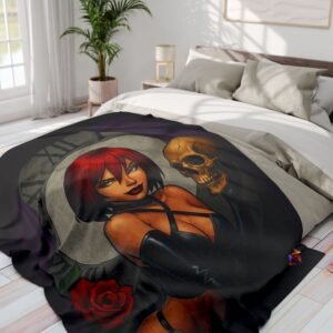 echoflame gothic pinup fleece blanket — red haired femme with skull & rose