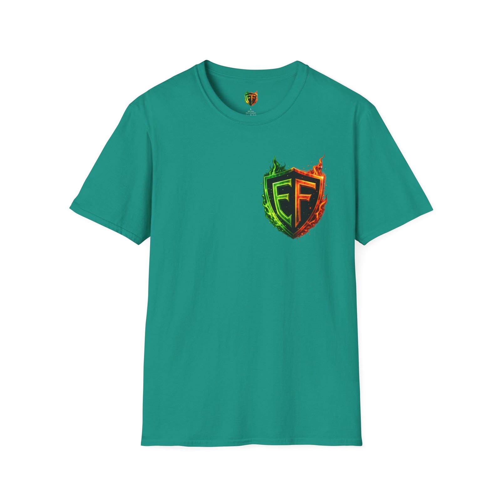 echoflame shield logo t‑shirt — flaming green & orange ef crest echoflame shield logo t‑shirt — flaming green & orange ef crest
