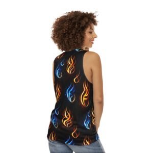 echoflame flame pattern tank top — blue & orange fire all over print