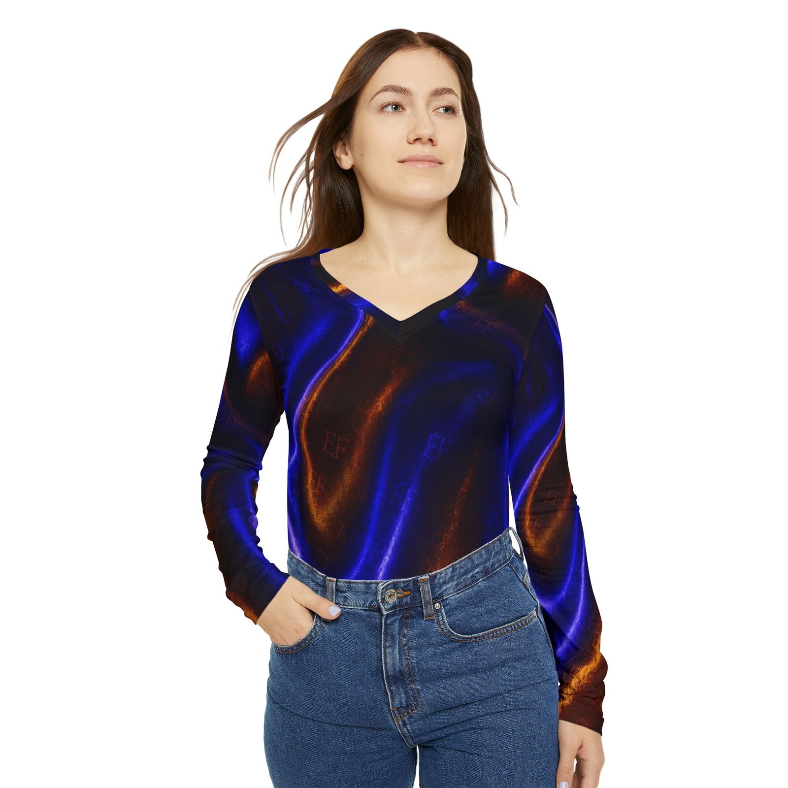 echoflame women's v neck long sleeve shirt — electric blue & copper satin wave all over print echoflame women's v neck long sleeve shirt — electric blue & copper satin wave all over print