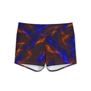 echoflame women's yoga shorts — blue & orange flame abstract activewear