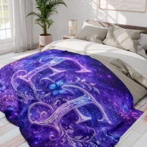 echoflame arctic fleece blanket — purple galaxy monogram "ef" with blue butterflies